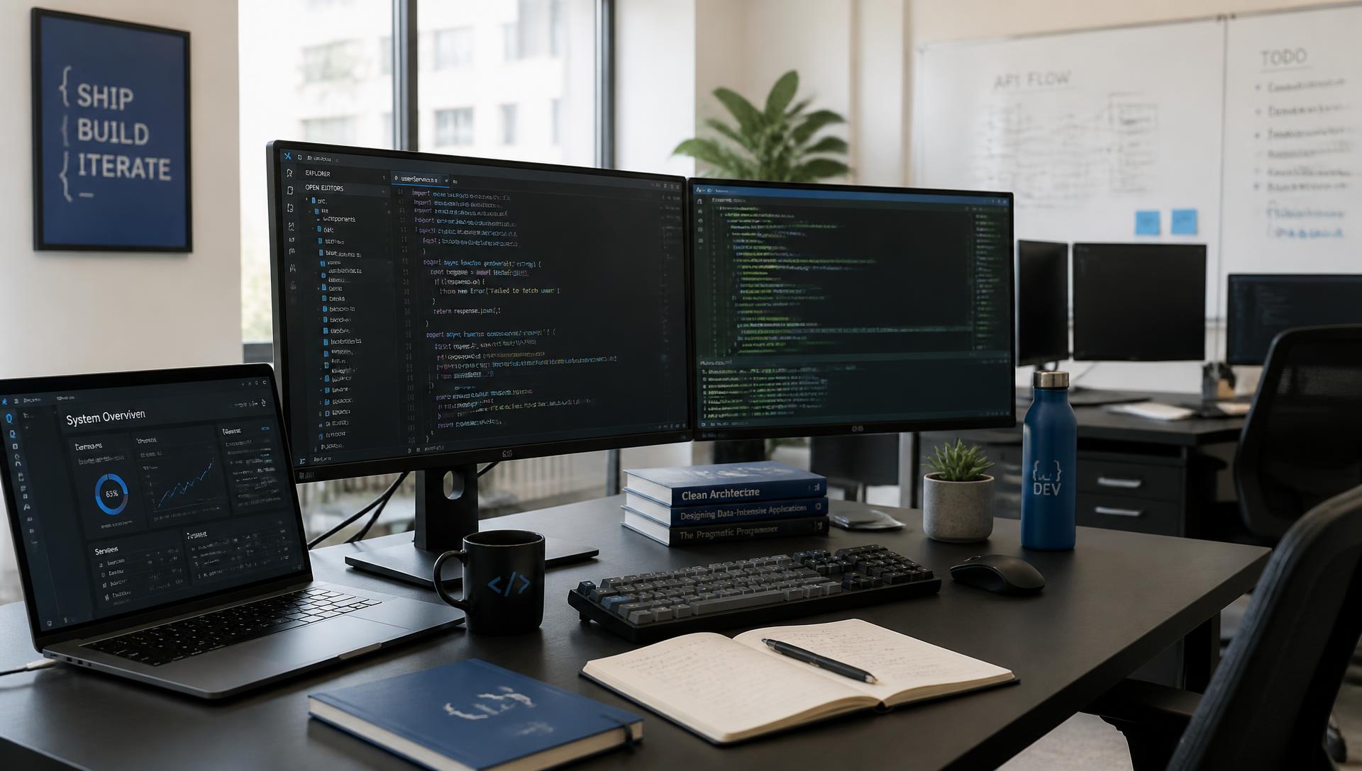 Software engineering workspace with monitors showing code editors and system dashboards