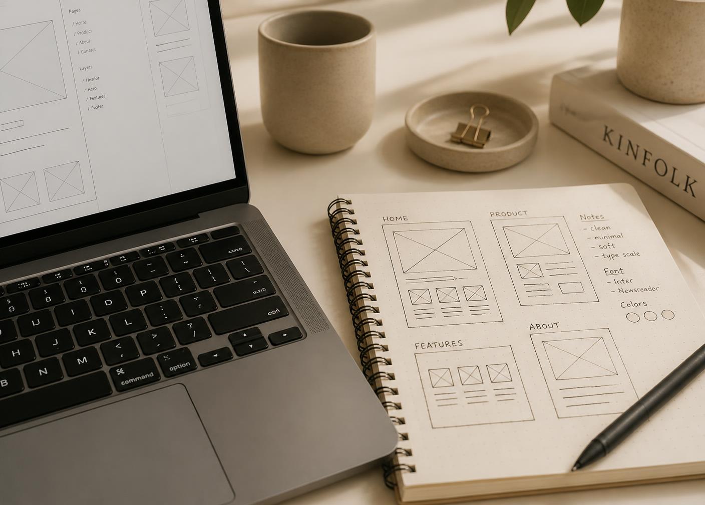Laptop showing interface wireframes beside a notebook with hand-drawn layout sketches